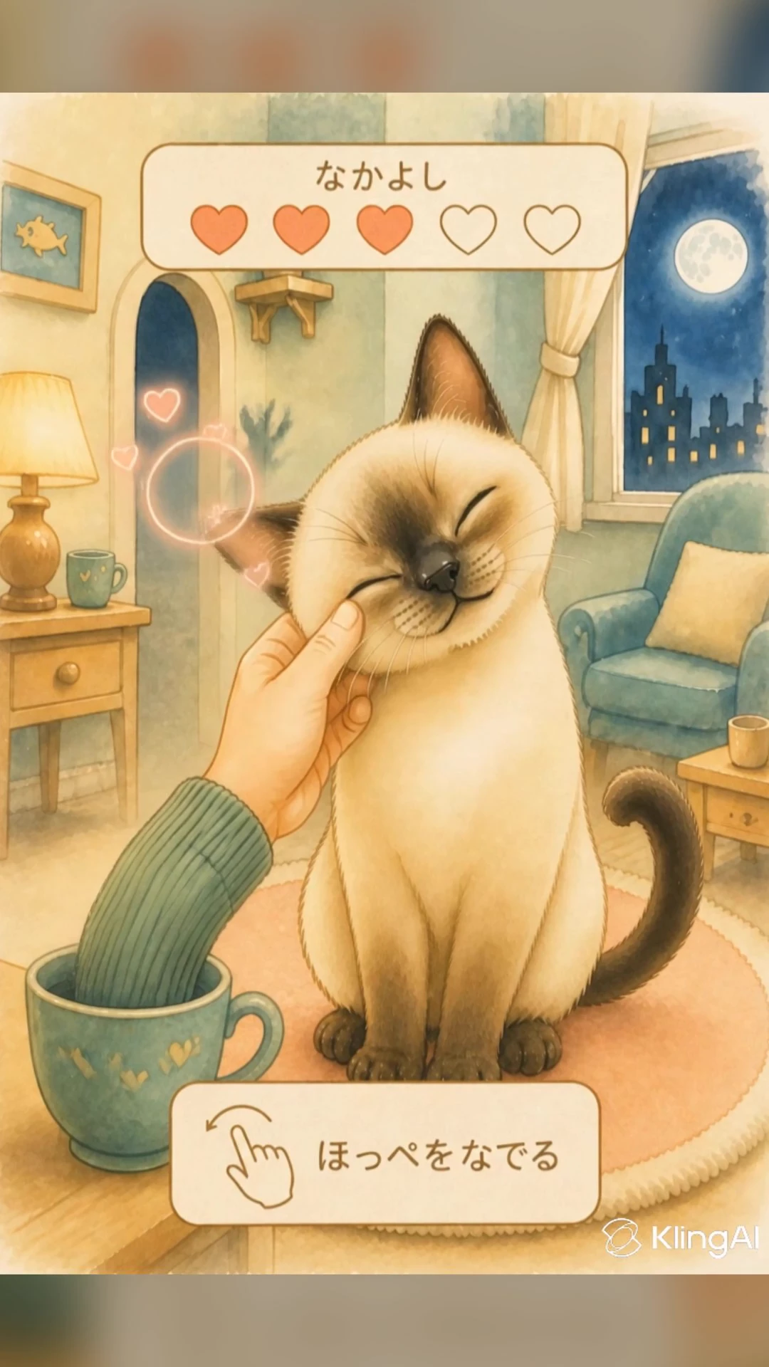 シャム猫のほっぺをなでる画面