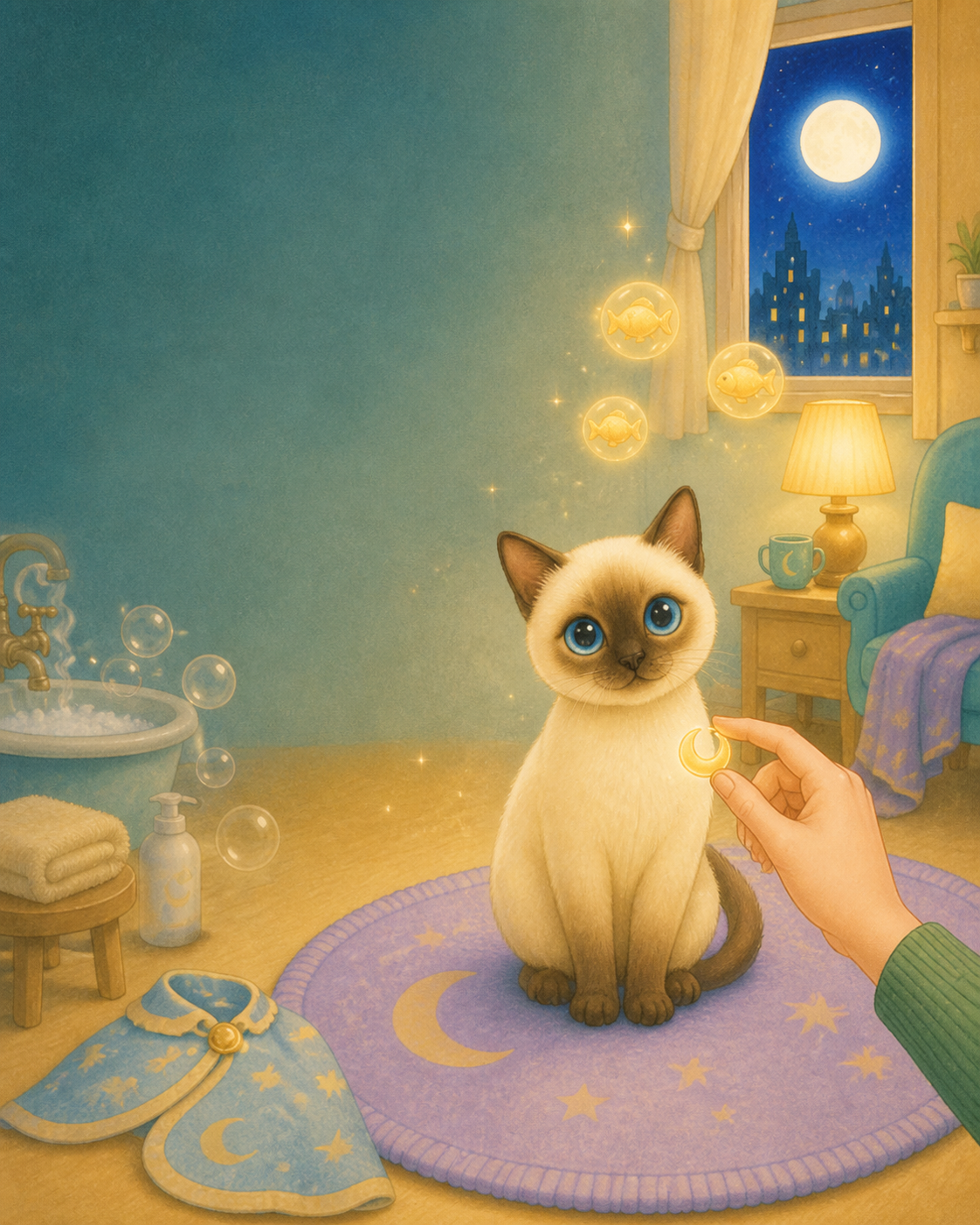 月夜の部屋で月のチャームを見つめる青い目の猫