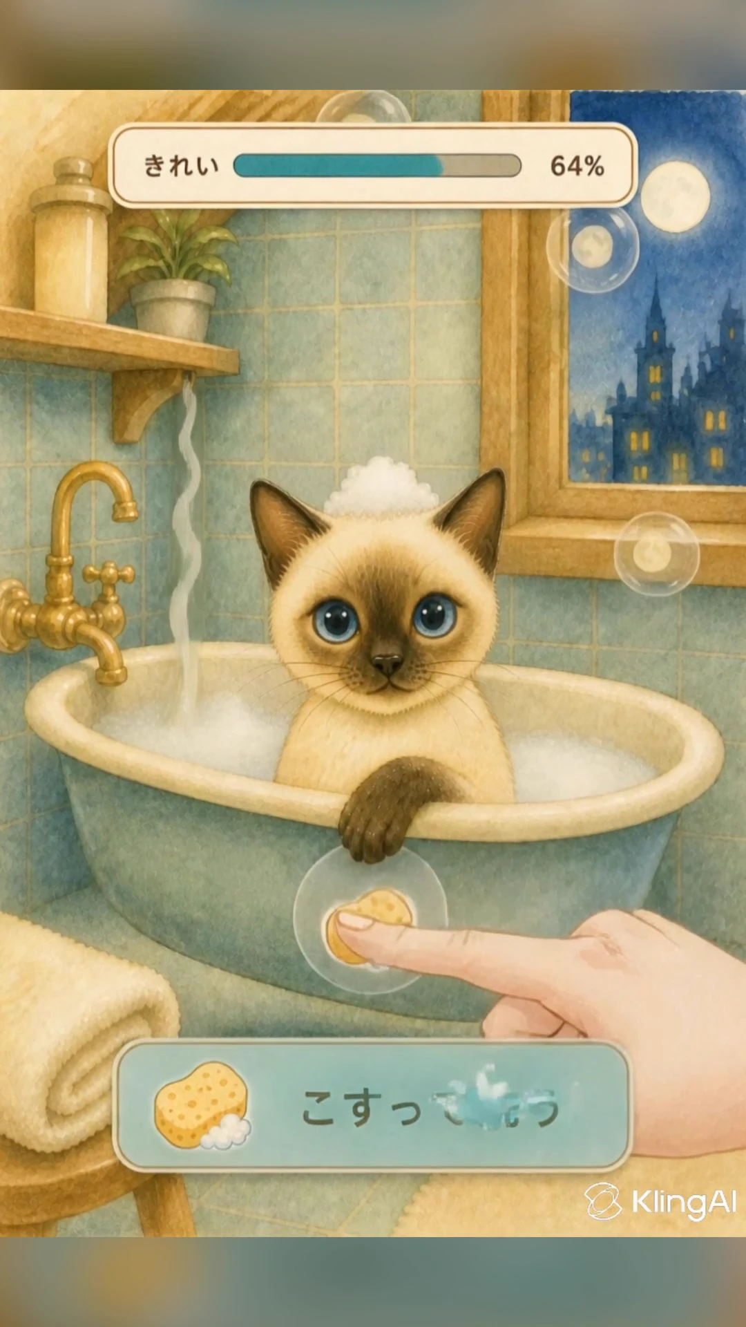 シャム猫を泡で洗う画面